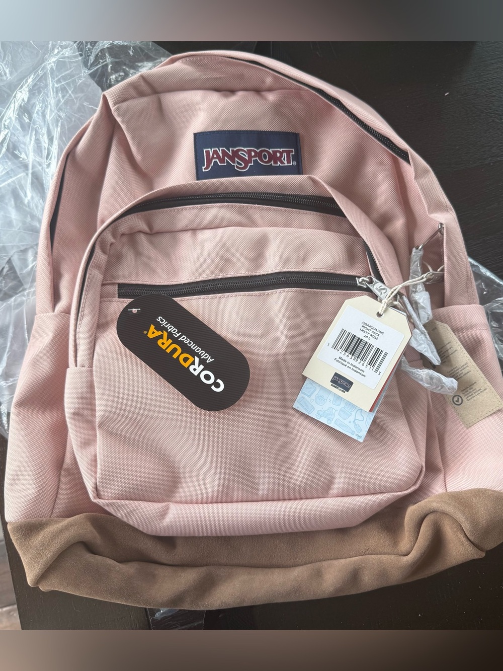 JanSport Pink Kids Backpack with Brown Suede Base